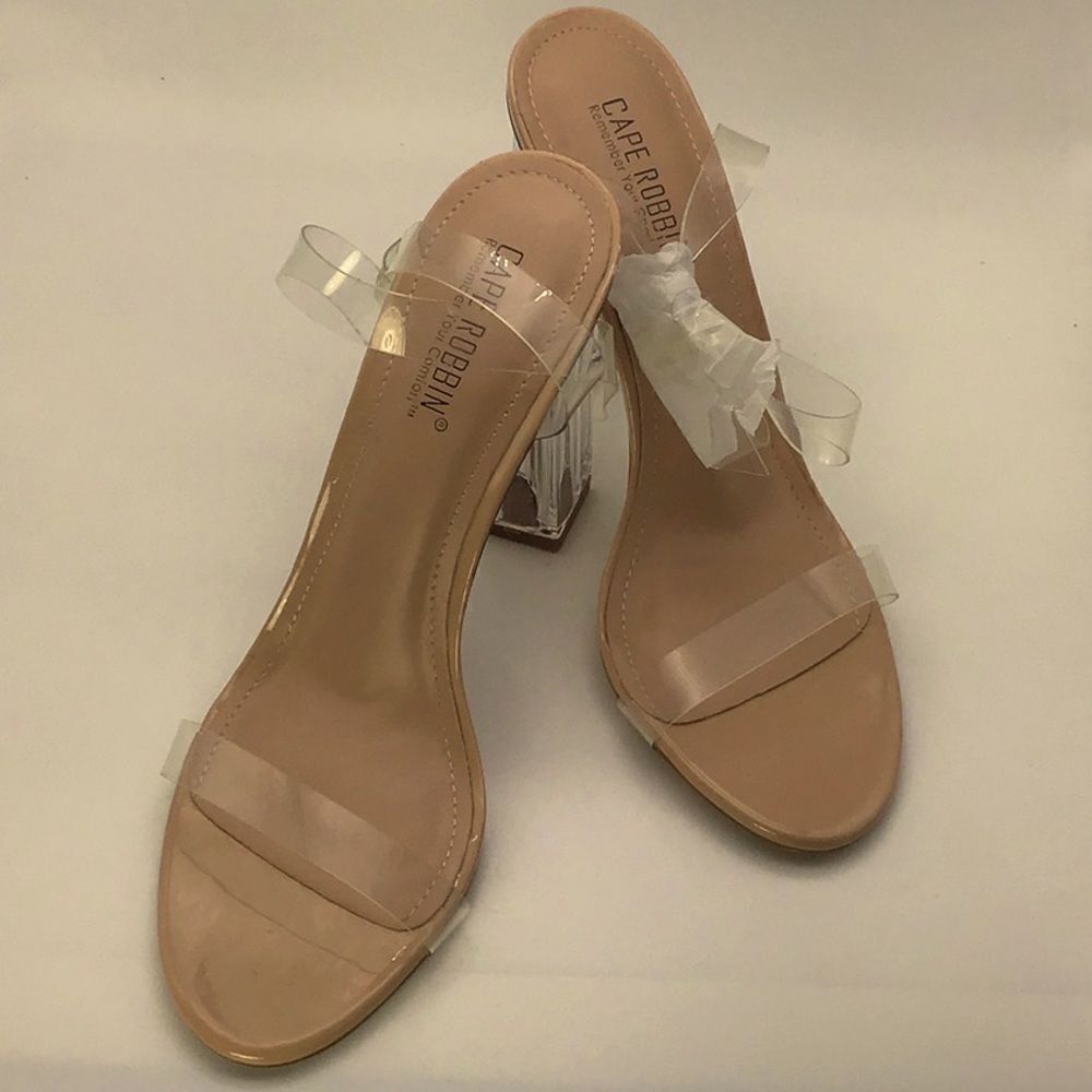 Clear Slip On Sandal Cape Robbin New Lucite Chunky Heel Clear Tan Ankle Strap 10